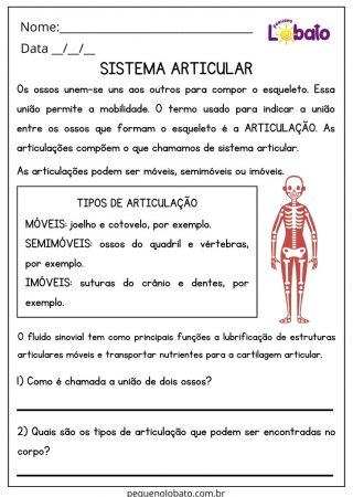 Atividade de Ciências 4 Ano Ensino Fundamental Sistema Articular para Imprimir