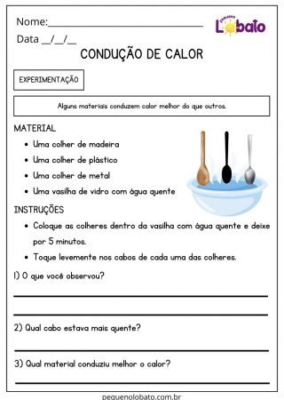 Atividade de Ciências 5 Ano Ensino Fundamental Condução de Calor para Imprimir