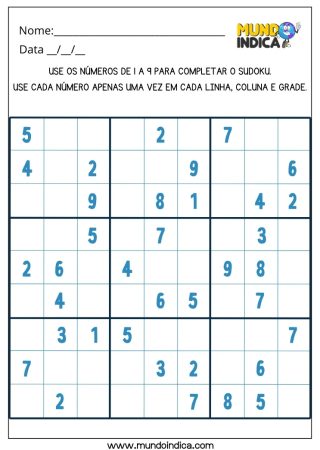 Atividade de Estimulação Cognitiva com Sudoku de 1 a 9 para Imprimir