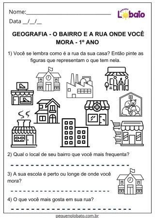 Atividade de Geografia 1 Ano Ensino Fundamental Bairro e Rua para Imprimir