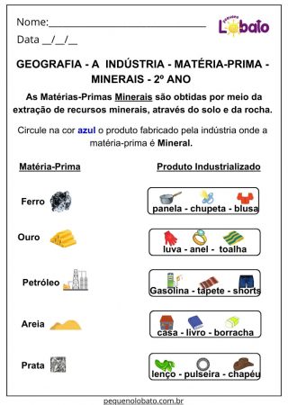 Atividade de Geografia 2 Ano Ensino Fundamental Matéria Prima Minerais Indústria para Imprimir