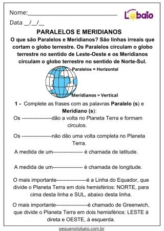 Atividade de Geografia 3 Ano Ensino Fundamental Paralelos e Meridianos para Imprimir
