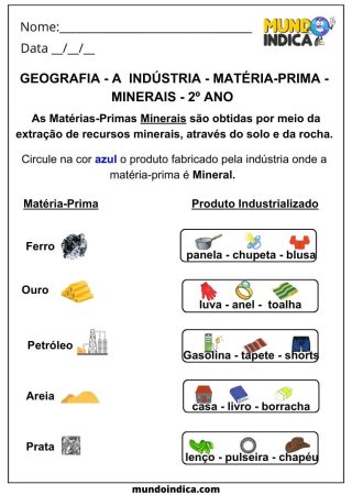 Atividade de Geografia Matéria-Prima Minerais para imprimir