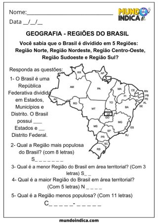 Atividade de Geografia Regiões do Brasil para imprimir
