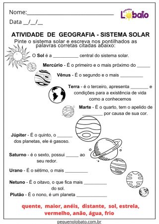 Atividade de Geografia Sistema Solar para Imprimir