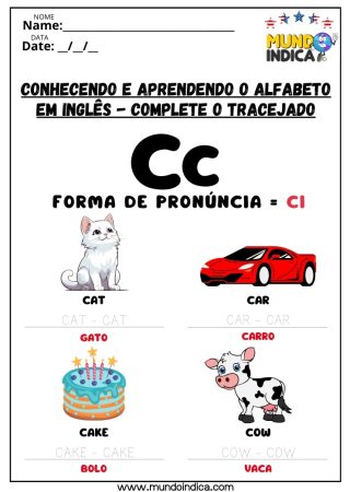 Atividade de Inglês Com Alfabeto e Pronúncia da Letra C para Crianças