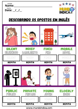 Atividade de Inglês com Opostos para Crianças