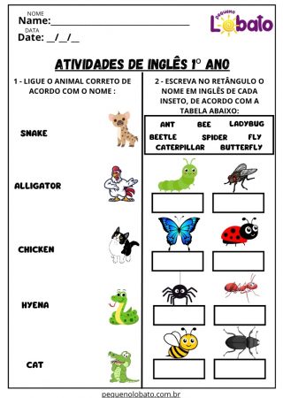 Atividade de Inglês sobre Animais e Insetos para Imprimir