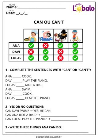 Atividade de Inglês sobre Can e Can't para Imprimir