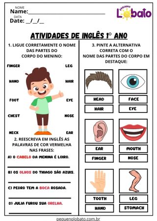 Atividade de Inglês sobre Corpo Humano para Imprimir