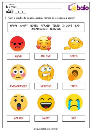 Atividade de Inglês sobre Emoções e Sentimentos para Imprimir
