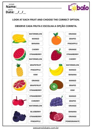 Atividade de Inglês sobre Frutas para Imprimir