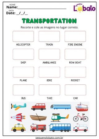 Atividade de Inglês sobre Meios de Transporte para Imprimir