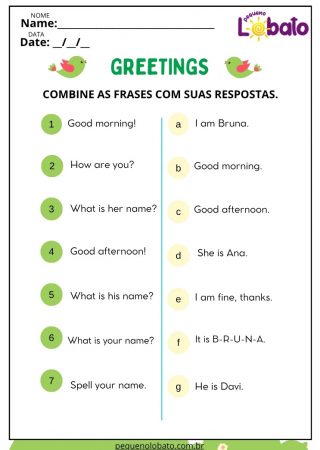 Atividade de Inglês sobre Saudações para Imprimir