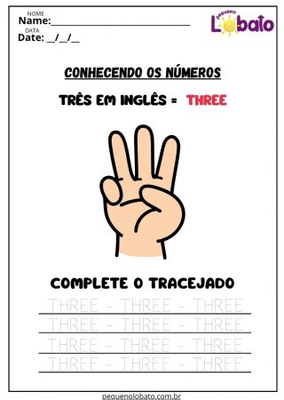 Atividade de Inglês sobre Vocabulário do Número 3 para Imprimir
