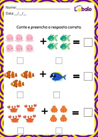 Atividade de Matemática Adição Lúdica dos Animais Marinhos para Imprimir