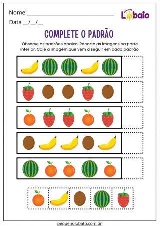 Atividade de Matemática Raciocínio Lógico Complete o Padrão das Frutas para Imprimir
