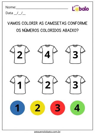 Atividade de Matemática com Pintura Legendada das Camisetas Conforme as Cores dos Números para Imprimir