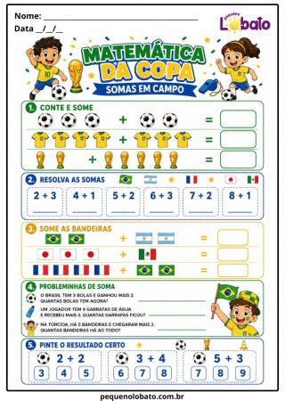 Atividade de Matemática da Copa do Mundo com Somas, Contagem e Probleminhas para Crianças Pequeno Lobato