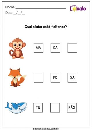 Atividade de Português Complete a Sílaba Faltante para Imprimir