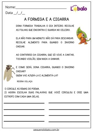 Atividade de Português a Formiga e a Cigarra para Imprimir