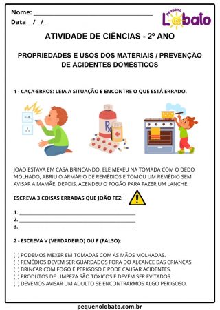 Atividade de ciências 2º ano matéria e energia prevenção de acidentes domésticos