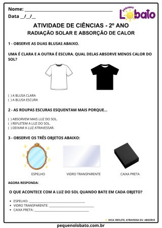 Atividade de ciências 2º ano radiação solar e absorção de calor para imprimir