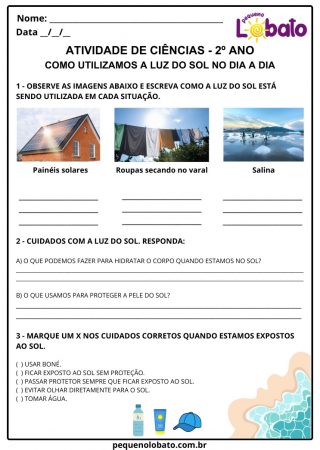 Atividade de ciências 2º ano reflexão sobre como utilizamos a luz solar no cotidiano