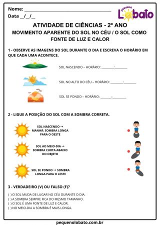 Atividade de ciências 2º ano terra e universo movimento aparente do sol no céu para imprimir