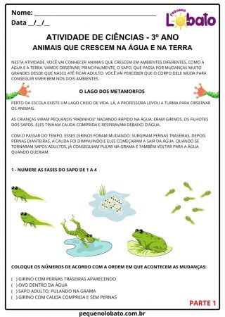 Atividade de ciências 3º ano animais que crescem na água e na terra