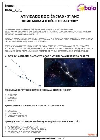 Atividade de ciências 3º ano observação do céu à noite e constelação