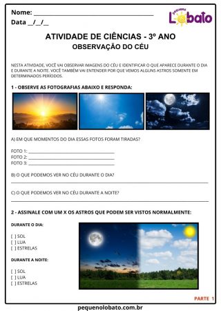 Atividade de ciências 3º ano observação do céu dia e noite e astros