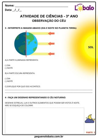 Atividade de ciências 3º ano terra e universo observação do céu dia e noite