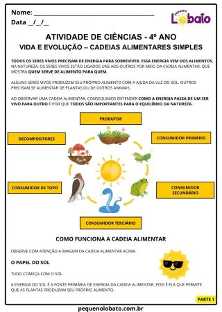 Atividade de ciências 4º ano vida e evolução cadeias alimentares simples