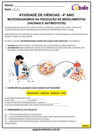 Atividade de ciências 4º ano vida e evolução microrganismos na produção de medicamentos