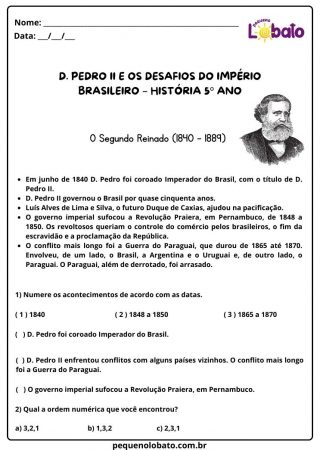 Atividade de história Pequeno Lobato para 1º ano - Dom Pedro 2º