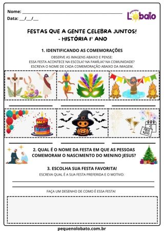 Atividade de história Pequeno Lobato para 1º ano - identificando as comemorações