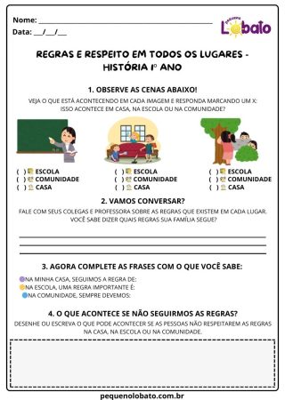 Atividade de história Pequeno Lobato para 1º ano - regras e respeito