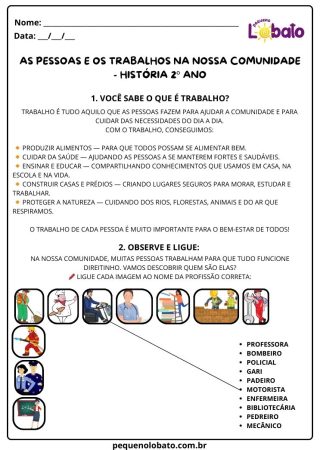 Atividade de história Pequeno Lobato para 2º ano - os trabalhos da comunidade