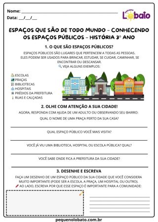 Atividade de história Pequeno Lobato para 3º ano - espaços públicos
