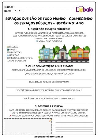 Atividade de história Pequeno Lobato para 3º ano - espaços públicos