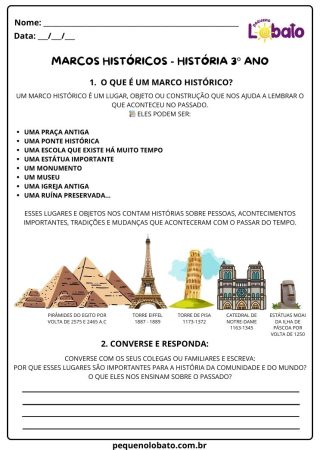 Atividade de história Pequeno Lobato para 3º ano - marcos históricos