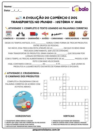 Atividade de história Pequeno Lobato para 4º ano - a evolução do comércio e transportes