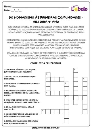 Atividade de história Pequeno Lobato para 4º ano - as primeiras comunidades