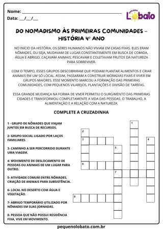 Atividade de história Pequeno Lobato para 4º ano - as primeiras comunidades