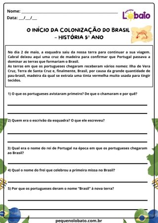 Atividade de história Pequeno Lobato para 5º ano - colonização do Brasil
