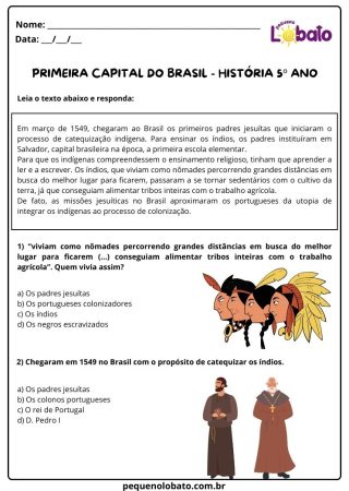 Atividade de história Pequeno Lobato para 5º ano - primeira capital do Brasil