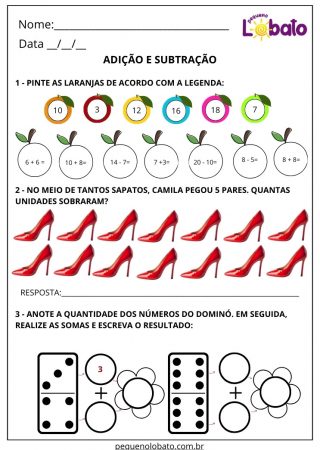 Atividade de matemática com adição e subtração para imprimir