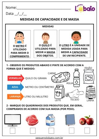 Atividade de matemática medidas de capacidade e de massa para imprimir