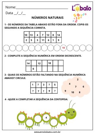 Atividade de matemática números naturais e sequência numérica para imprimir